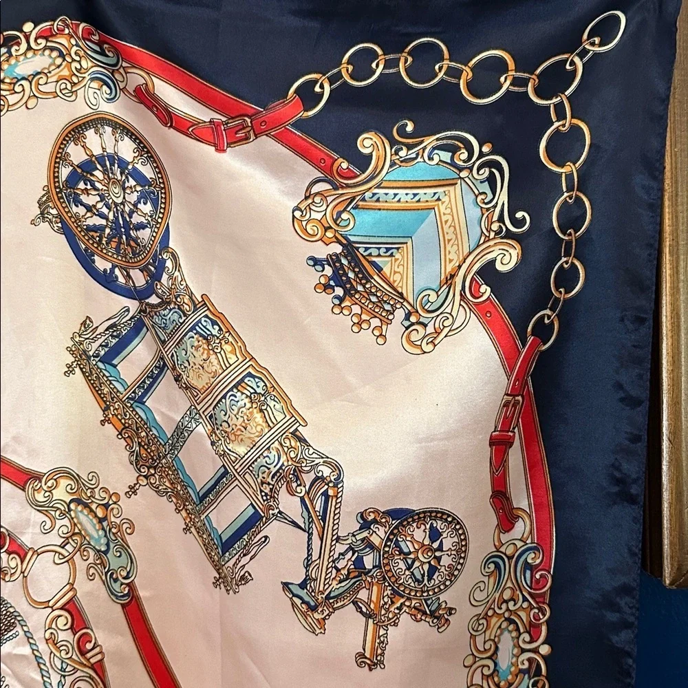 Elegant Navy & Pink Polyester Scarf with Intricate Carriage Design 35.5”